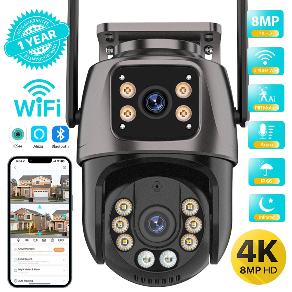 4K/8MP Outdoor WiFi PTZ Security Camera - Dual Lens, AI Auto Tracking, Night Vision